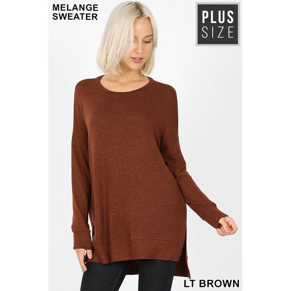 World of Leggings Brushed Melange Round Neck HI-LOW Plus Size Top